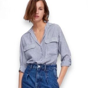 ZARA Blue & White Striped Long Sleeve Button Down Shirt Blouse Top